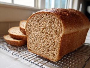 A freshly baked loaf of whole wheat bread, partially sliced, resting on a metal cooling rack near a bright window.
