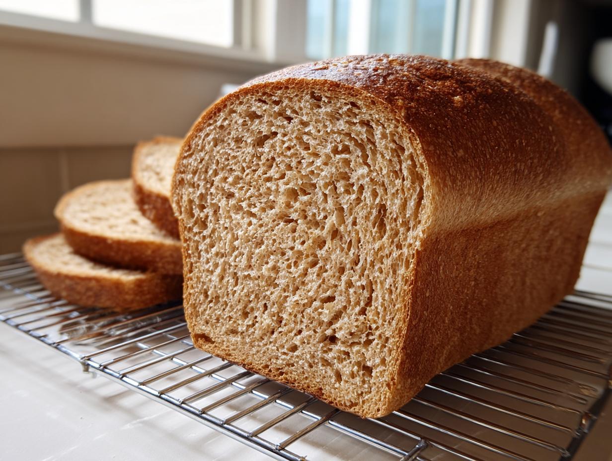 A freshly baked loaf of whole wheat bread, partially sliced, resting on a metal cooling rack near a bright window.