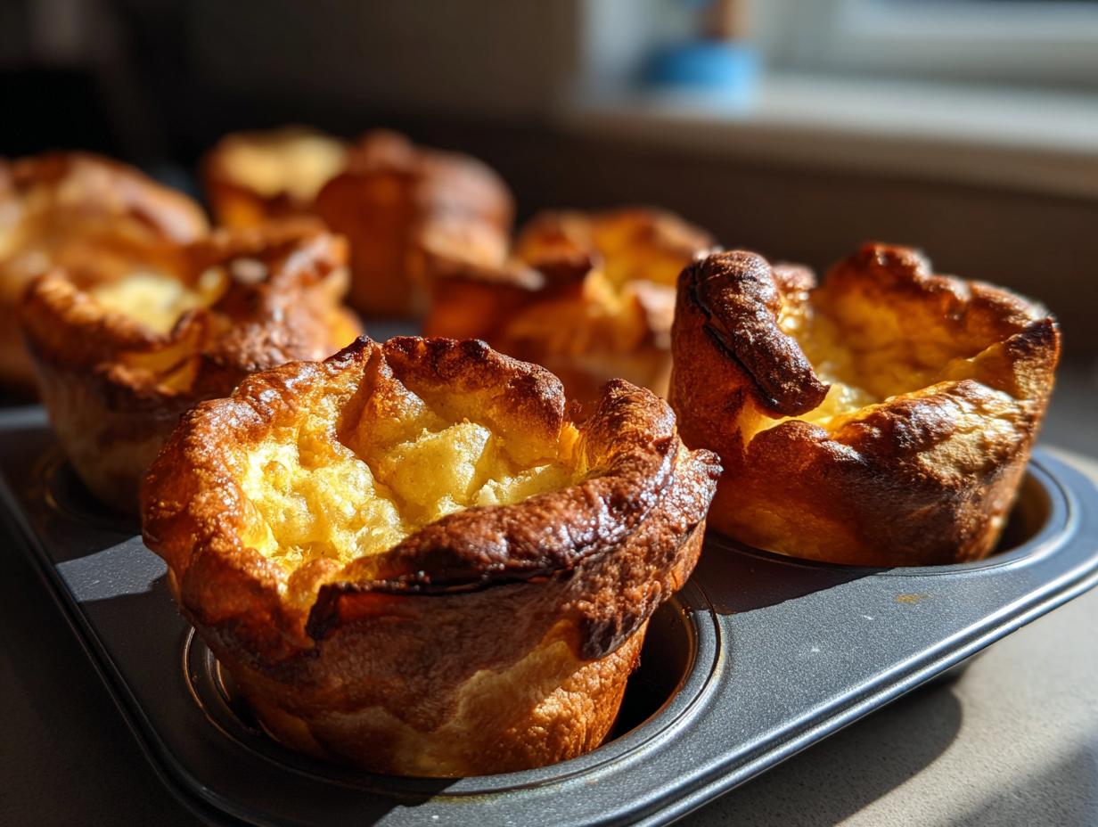 Close-up of golden brown, perfectly risen Yorkshire pudding baked in a dark muffin tin, catching the sunlight.