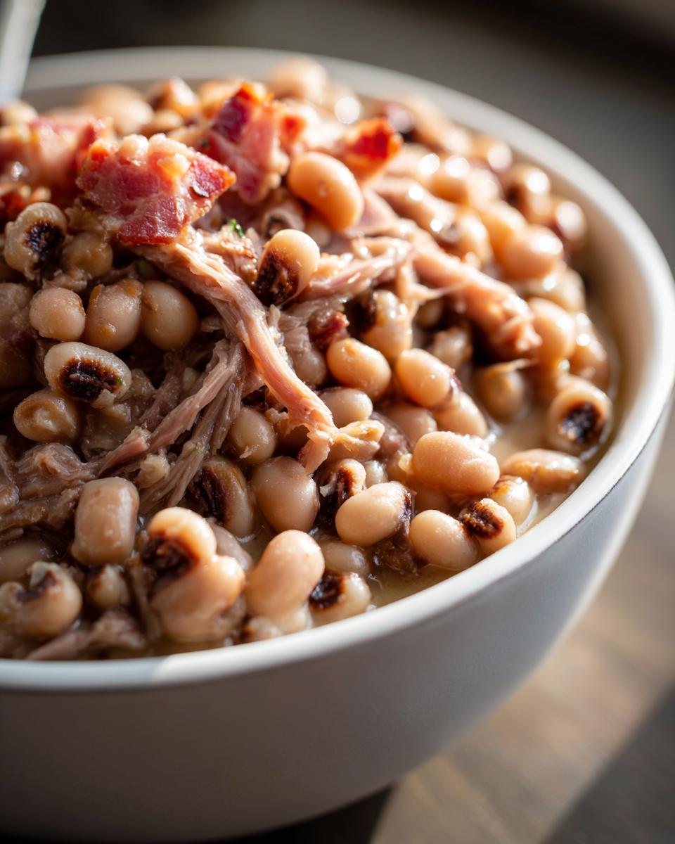 Close-up of creamy black eyed peas mixed with shredded meat and topped with bacon pieces in a white bowl.