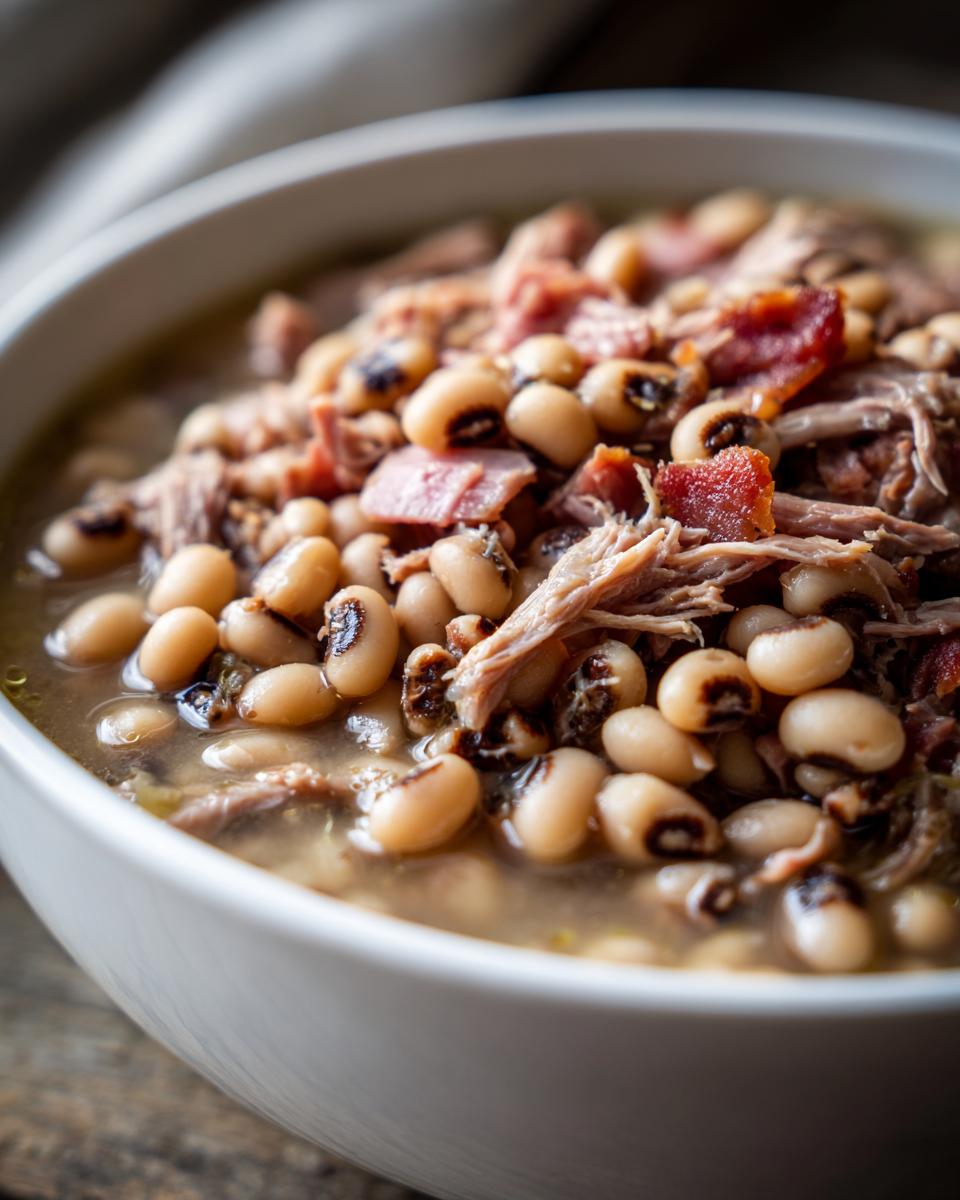 Close-up of a white bowl filled with savory black eyed peas, shredded meat, and bacon pieces in broth.