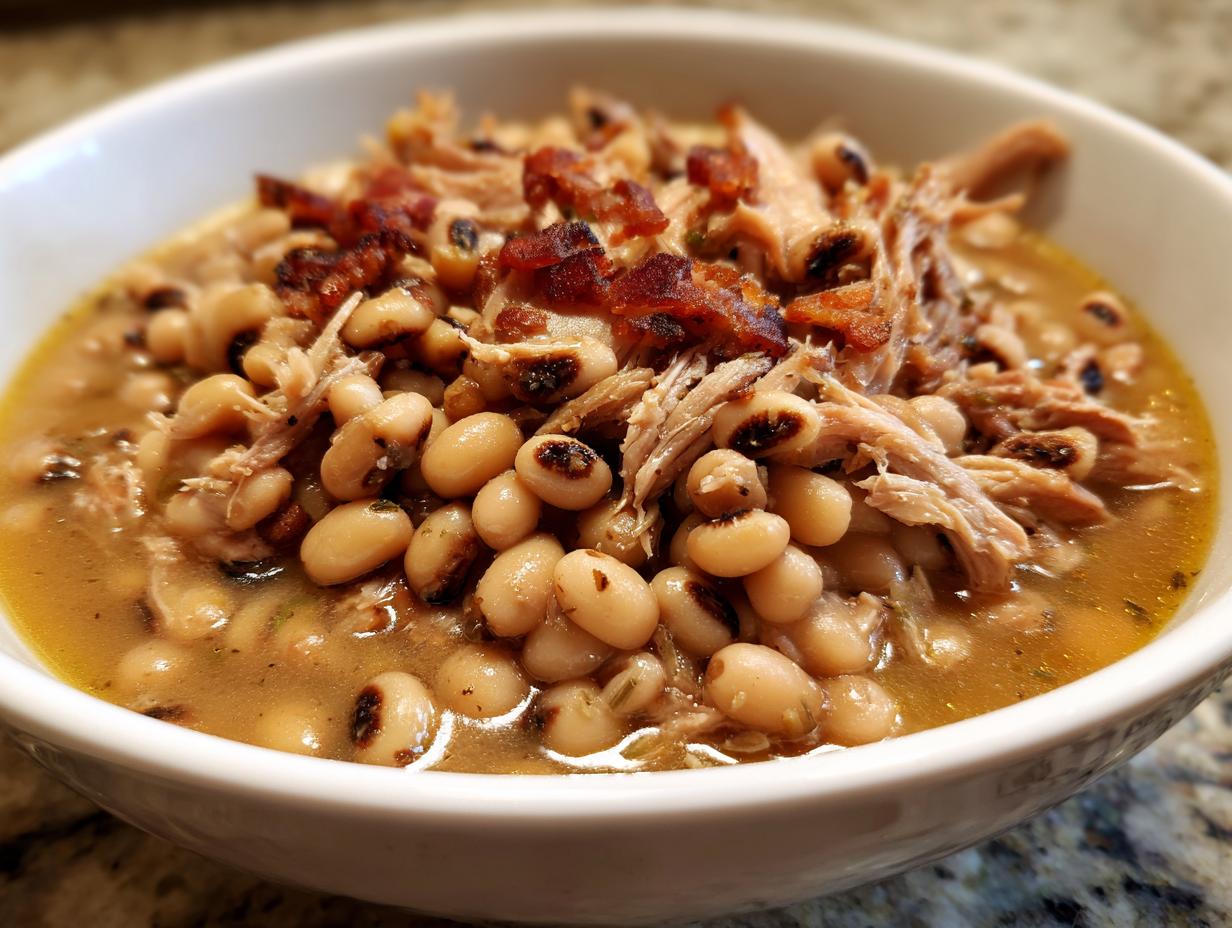 Close-up of a white bowl filled with savory black eyed peas, shredded pork, and crispy bacon pieces.