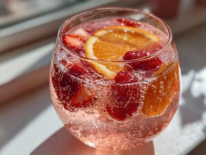 Close-up of a glass filled with fizzy pink champagne punch, garnished with fresh strawberries and an orange slice.