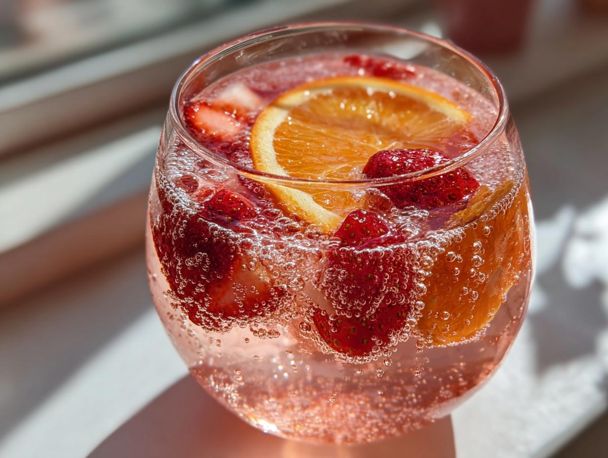 Close-up of a glass filled with fizzy pink champagne punch, garnished with fresh strawberries and an orange slice.