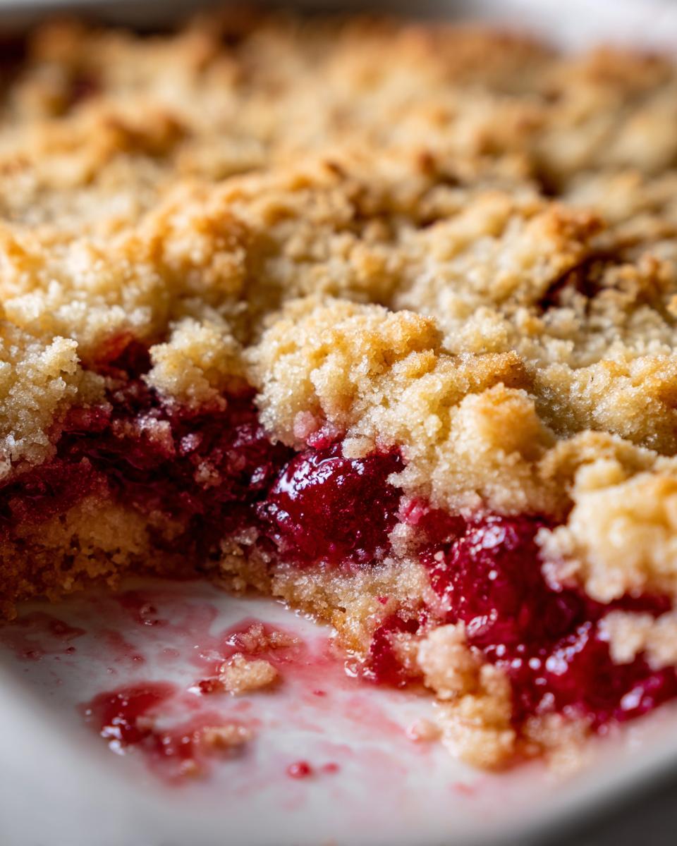 A close-up of a freshly baked 3 ingredient cherry dump cake showing the gooey cherry filling and crumbly topping.