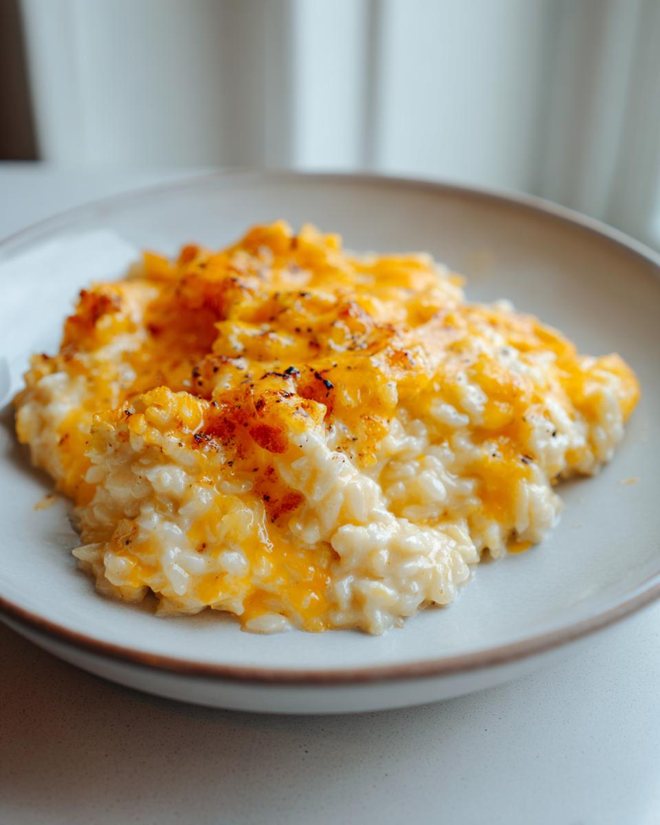 A close-up of creamy, baked cheesy rice topped with melted cheddar cheese and black pepper.