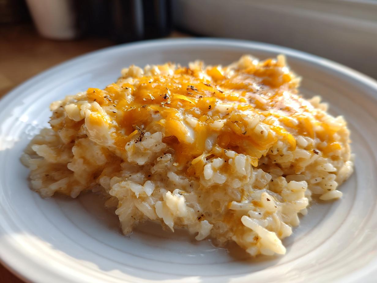 A close-up serving of creamy, comforting cheesy rice topped with melted orange cheddar cheese and herbs.