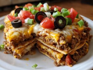 A cross-section view of a delicious 4-layer Mexican pizza showing layers of seasoned beef, melted cheese, and fresh toppings.
