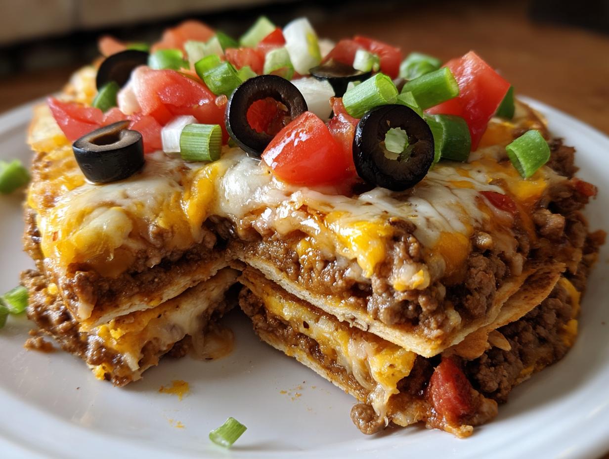 A cross-section view of a delicious 4-layer Mexican pizza showing layers of seasoned beef, melted cheese, and fresh toppings.
