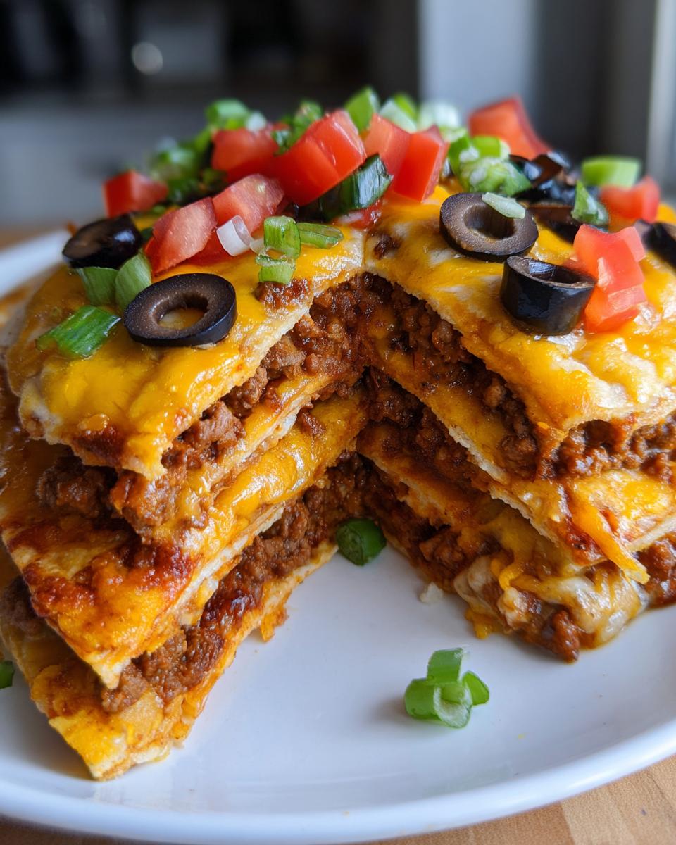 A cross-section view of a 4-layer Mexican pizza stacked high with seasoned ground beef, melted cheese, and topped with diced tomatoes, olives, and green onions.