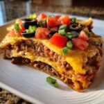 A close-up of a hearty slice of 4-layer mexican pizza, layered with seasoned beef and cheese, topped with fresh tomatoes, olives, and green onions.