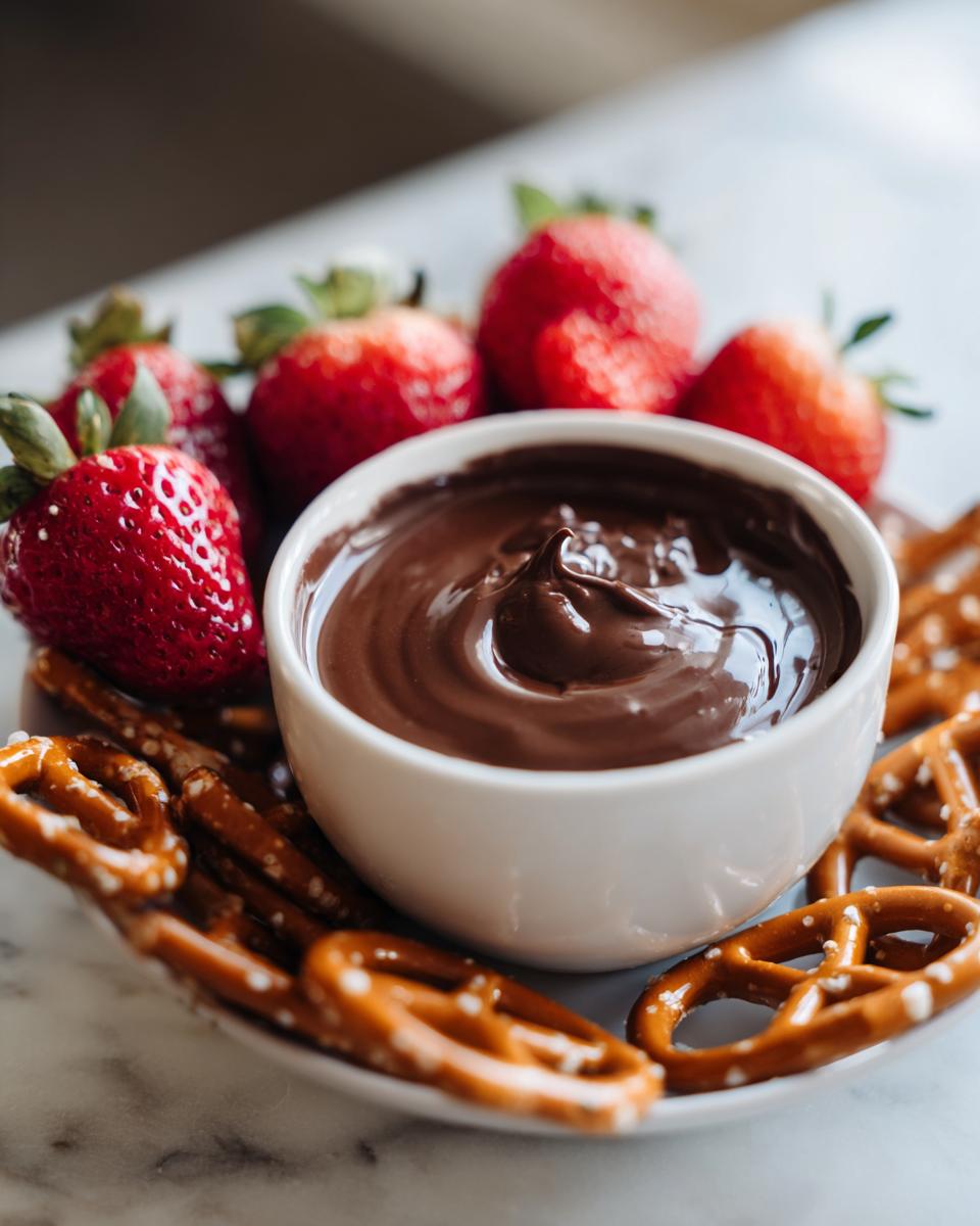 A small white bowl filled with smooth, rich chocolate dip, surrounded by fresh strawberries and salted pretzels.