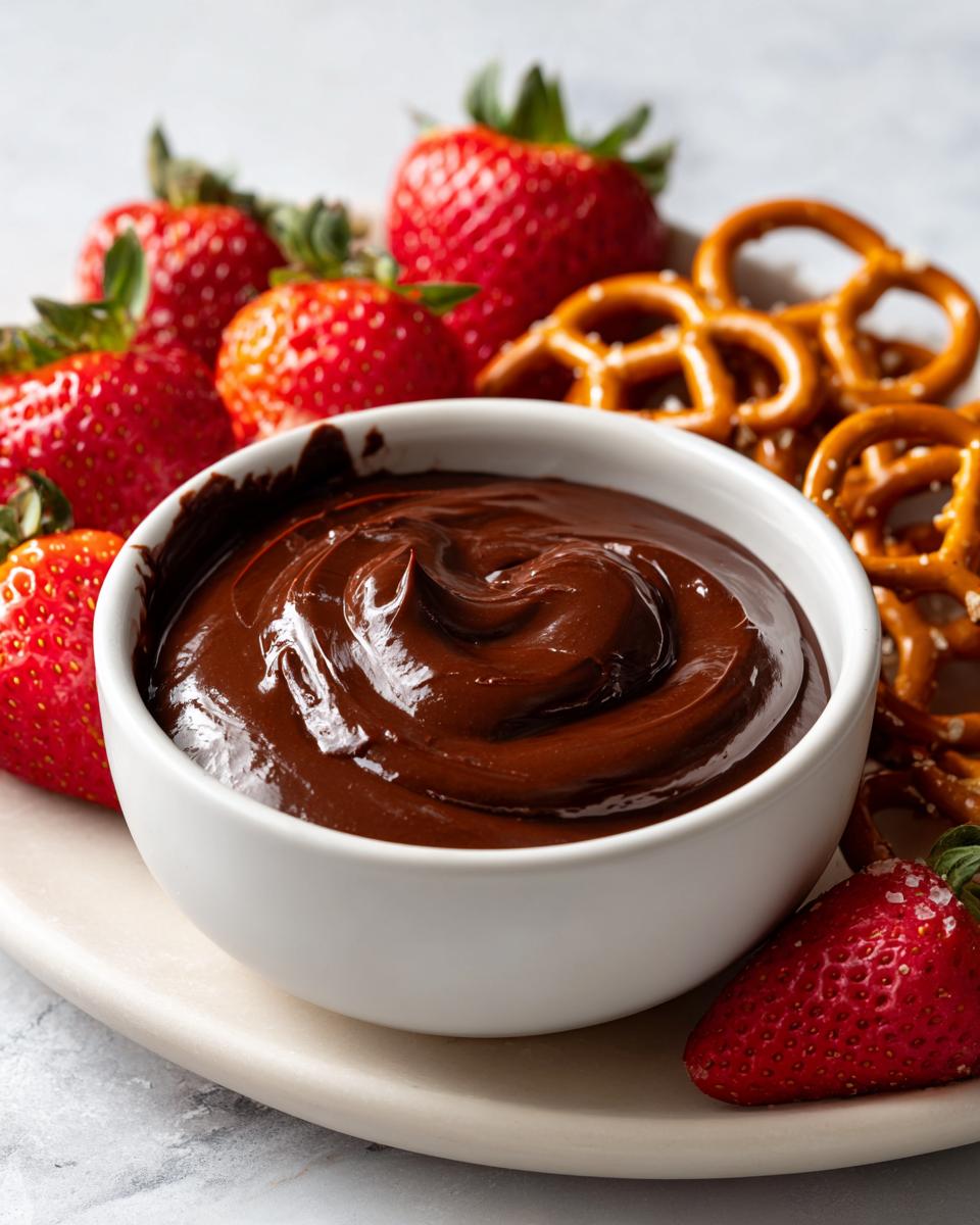 A white bowl filled with thick, glossy chocolate dip surrounded by fresh strawberries and pretzels.