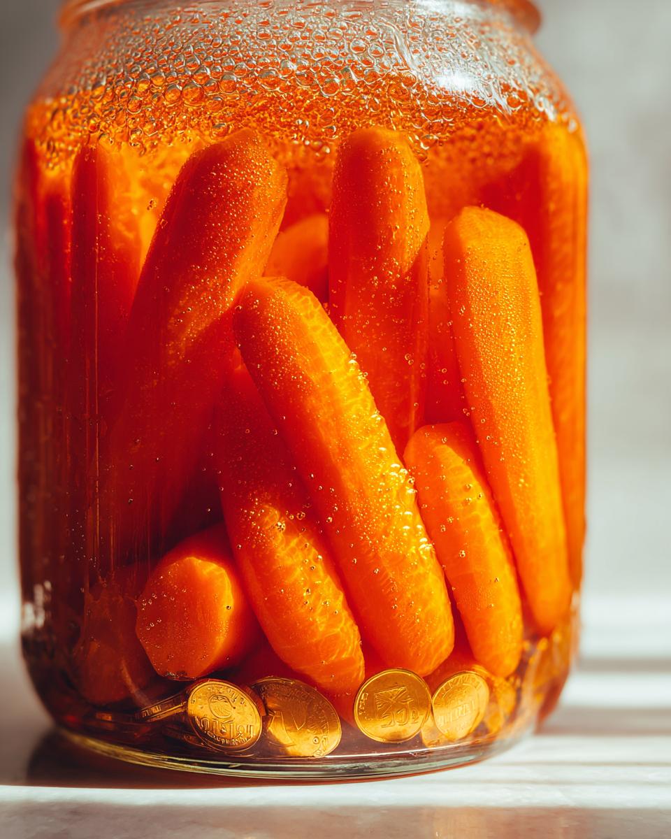 Close-up of bright orange pickled carrots submerged in liquid inside a glass jar, showing bubbles clinging to the surface.