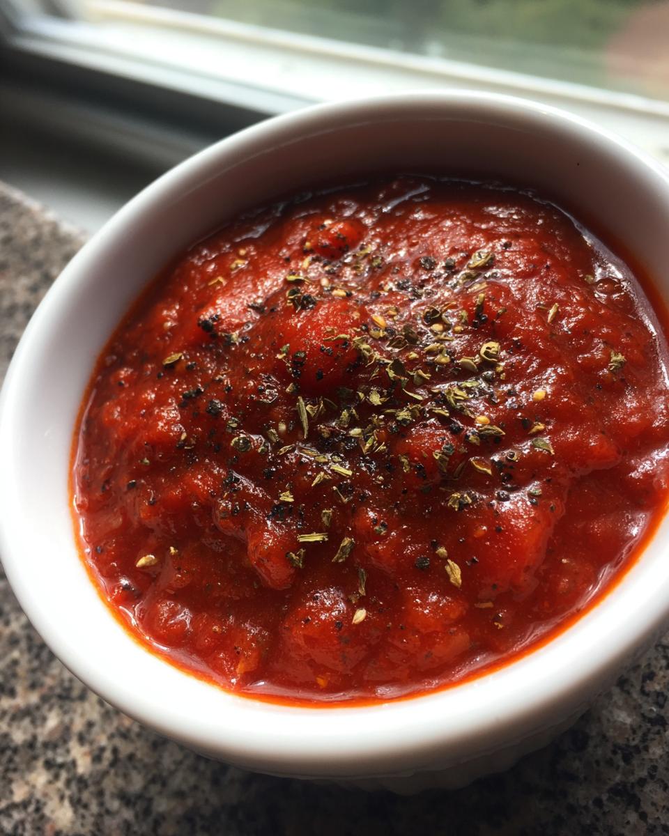 A close-up of thick, vibrant red pizza sauce topped with dried herbs and black pepper in a white bowl.