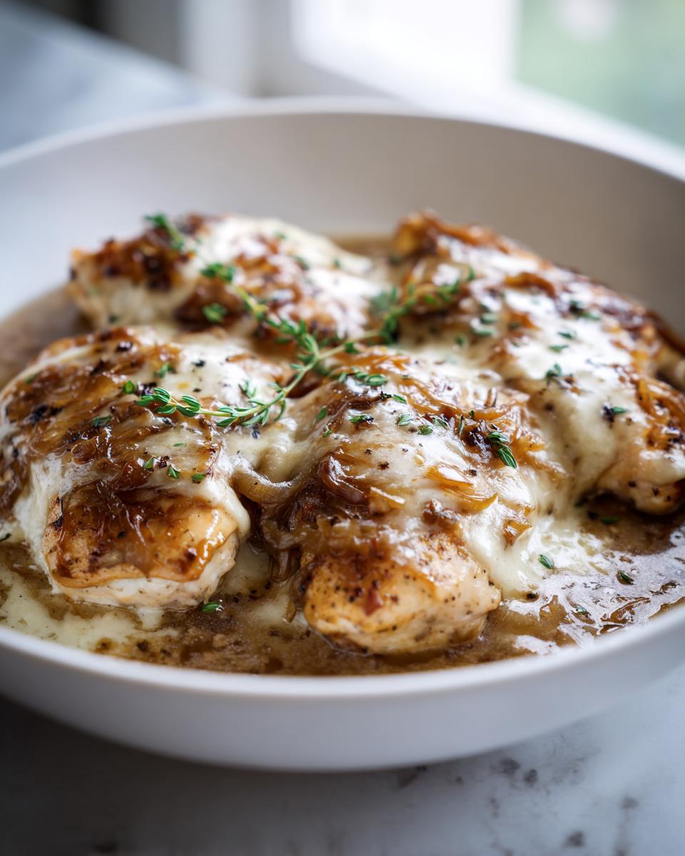 Close-up of cheesy french onion chicken breasts covered in caramelized onions and thyme in a white bowl.