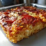 Close-up of a thick slice of baked pizza pasta casserole topped with melted cheese, pepperoni, and herbs.