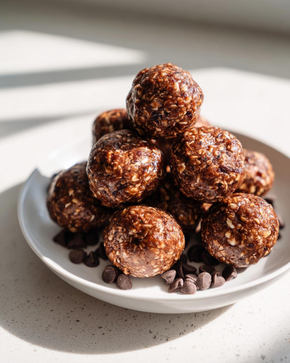 A stack of homemade chocolate chip protein balls piled high on a white plate scattered with mini chocolate chips.