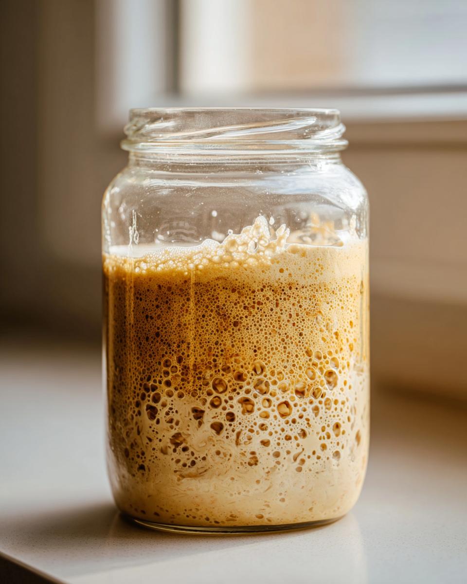 A close-up of a highly active sourdough starter showing significant bubbling and foam development inside a clear glass jar.