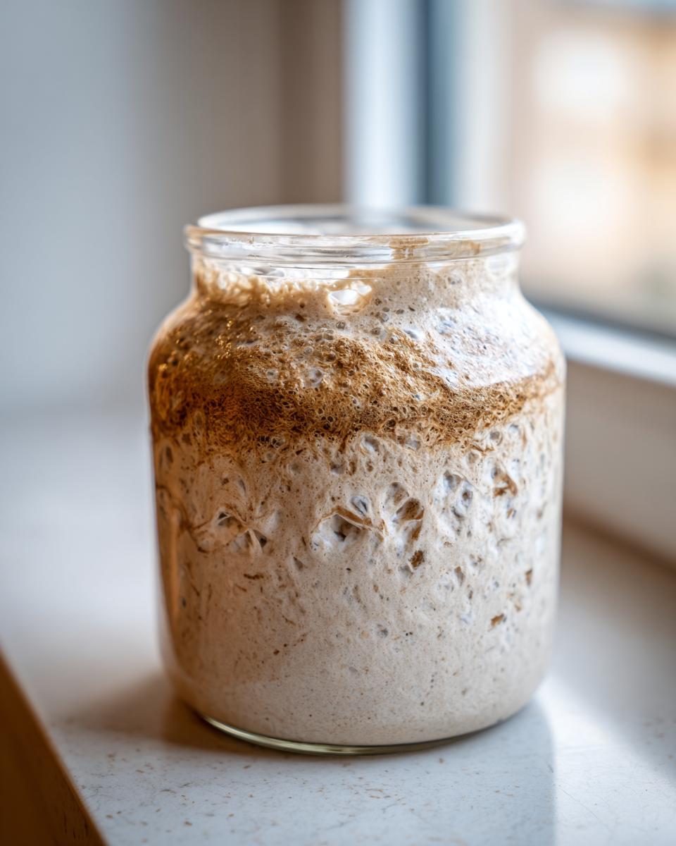 A vibrant, bubbly sourdough starter has risen significantly in a clear glass jar, showing peak activity near a window.