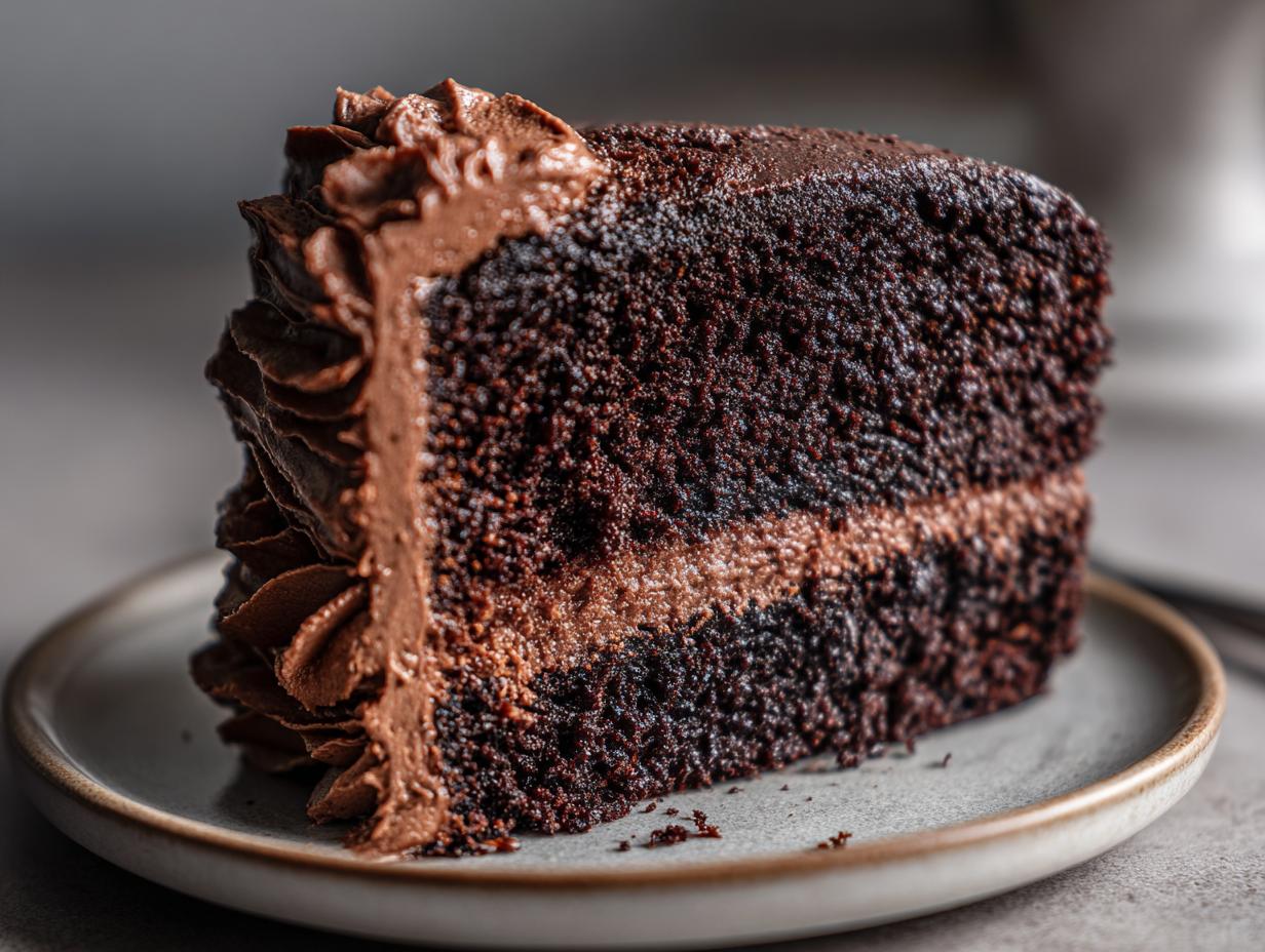 Close-up of a rich, dark slice of chocolate cake with thick chocolate frosting layers.