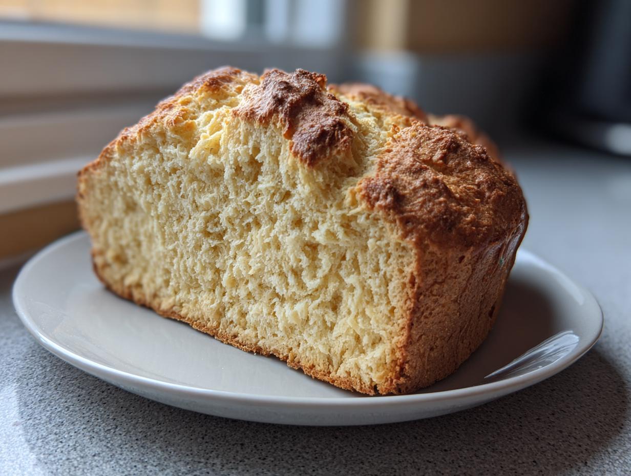 Close-up of a freshly baked loaf of soda bread, showing its soft, light crumb and golden-brown crust.