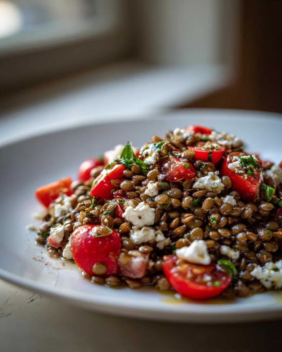 A close-up of a vibrant lentil salad mixed with halved cherry tomatoes and crumbled white cheese on a white plate.