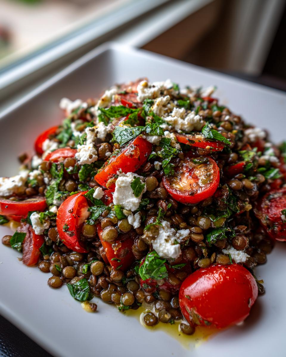Close-up of a vibrant lentil salad featuring brown lentils, halved cherry tomatoes, crumbled feta cheese, and fresh herbs.