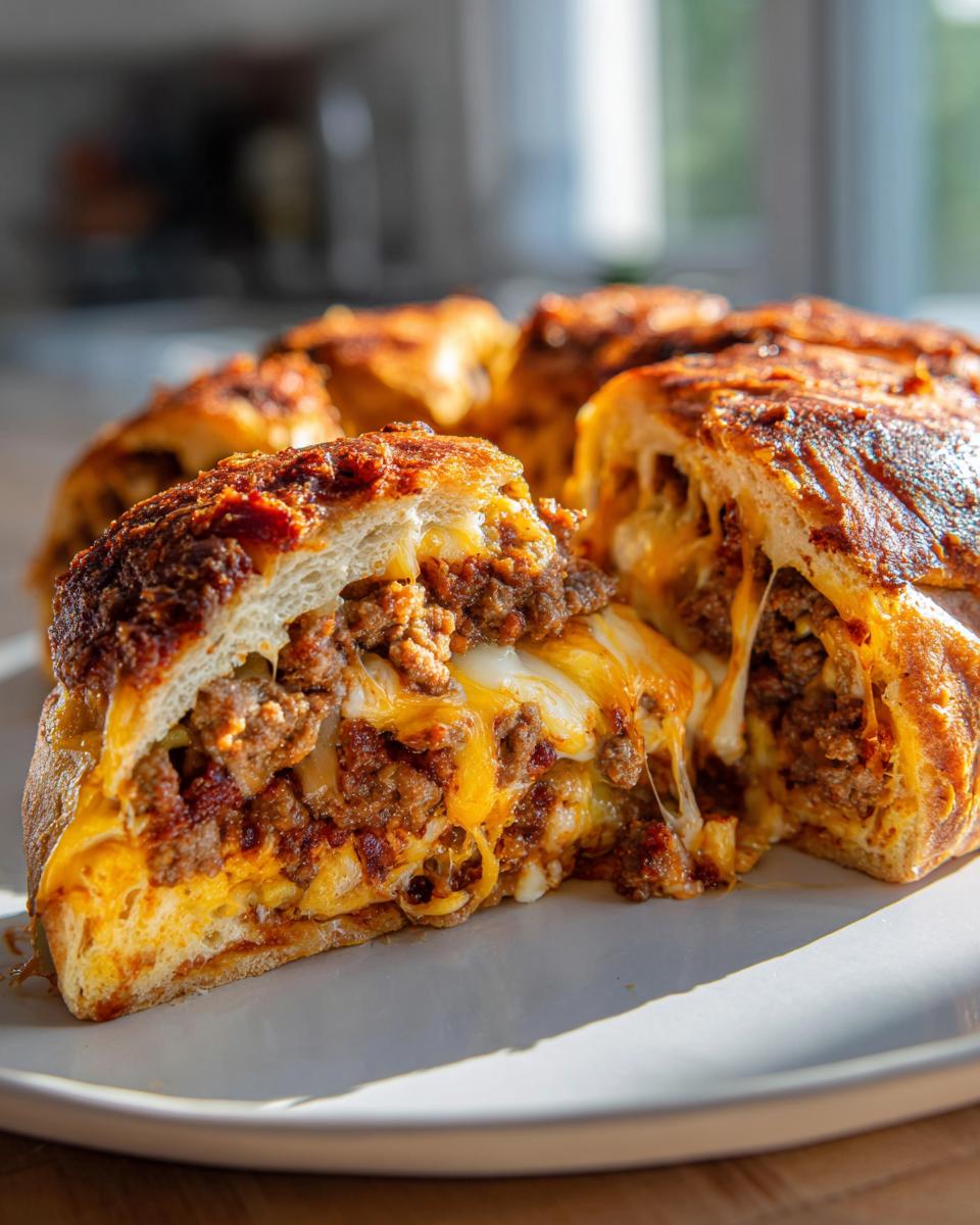 Close-up of a slice of amazing 3-cheese garbage bread showing melted cheese stretching from the savory ground meat filling.