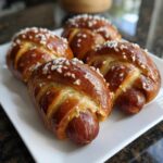 Four freshly baked pretzel dogs with a shiny, dark brown crust and coarse salt sprinkled on top, served on a white plate.