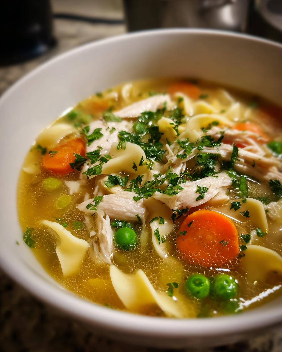 Close-up of a white bowl filled with homemade turkey soup, featuring shredded turkey, egg noodles, carrots, peas, and fresh parsley.