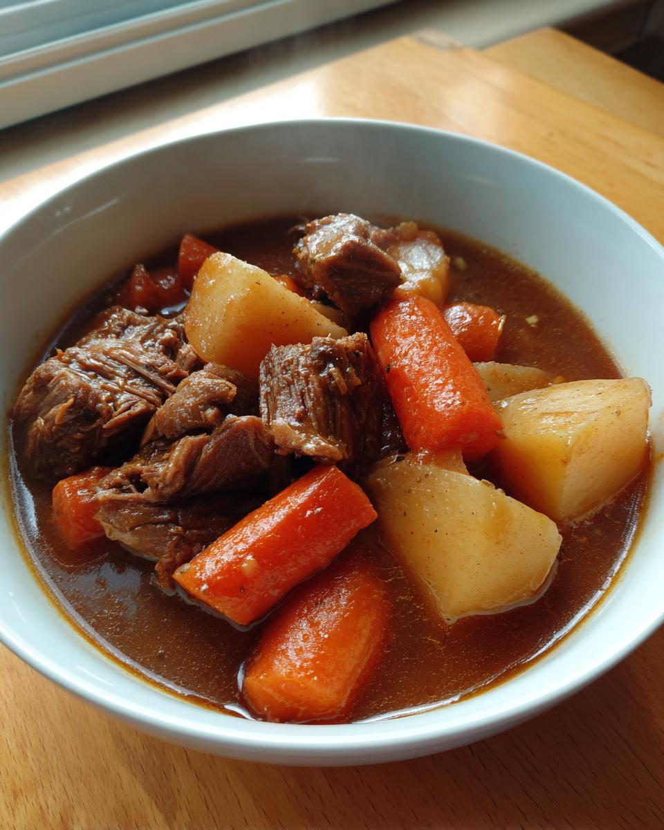 Close-up of a white bowl filled with rich, brown Amazing 8-Hour pork stew chunks, carrots, and potatoes.