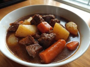 Close-up of a steaming white bowl filled with rich, dark Amazing 8-Hour pork stew chunks, potatoes, and carrots.