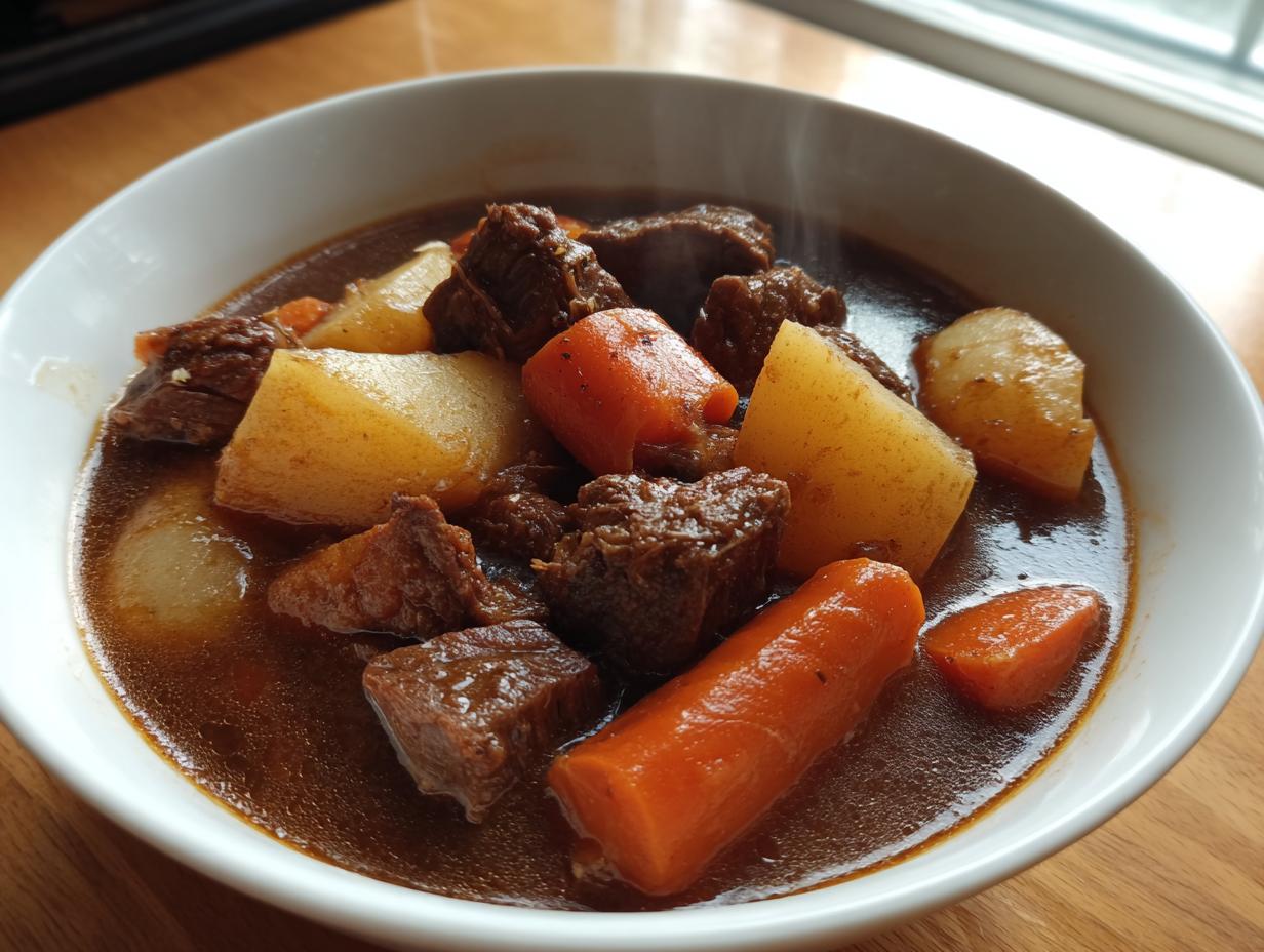 Close-up of a steaming white bowl filled with rich, dark Amazing 8-Hour pork stew chunks, potatoes, and carrots.
