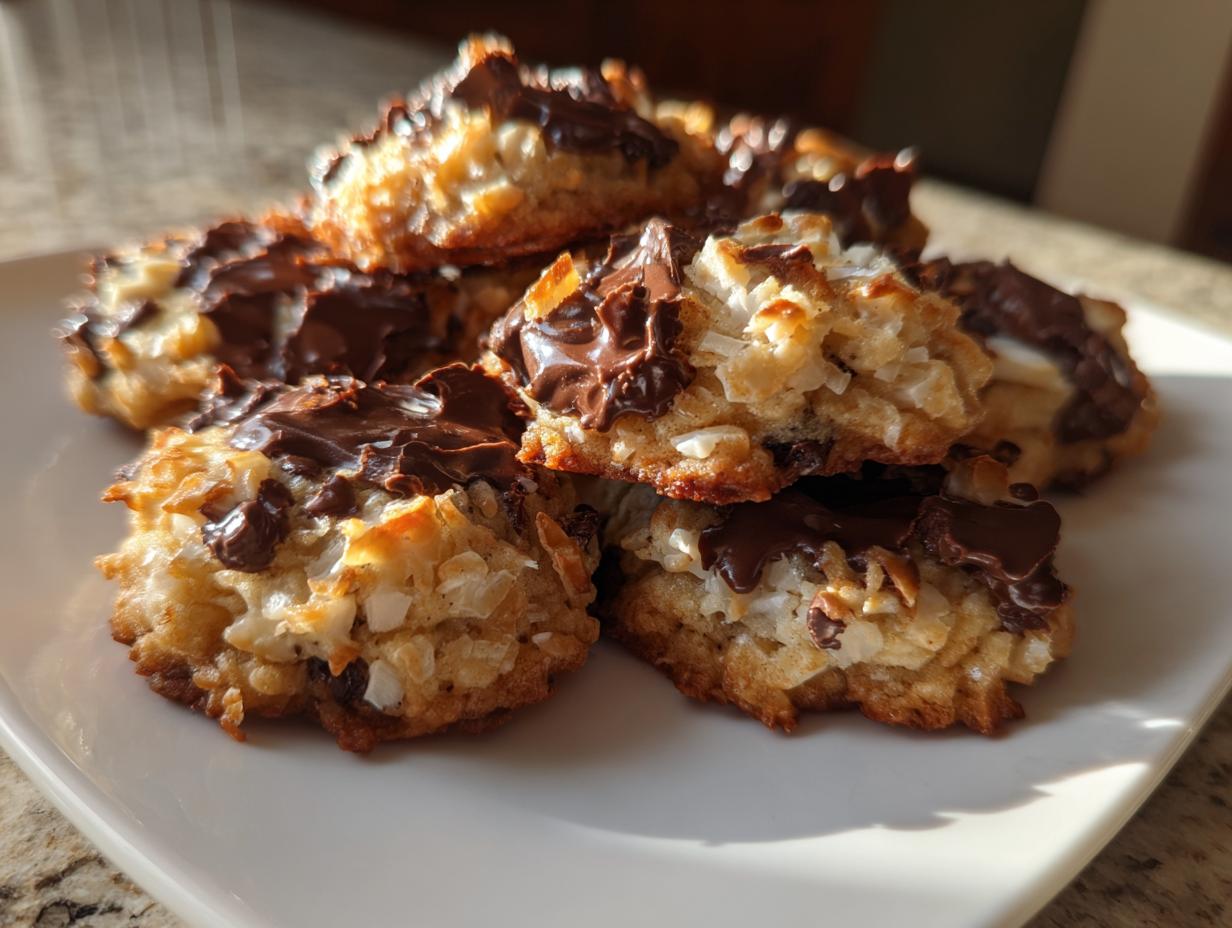 A close-up stack of freshly baked almond joy cookies featuring toasted coconut and melted chocolate topping.