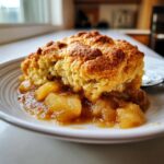 Close-up of a warm serving of amazing apple cobbler with a golden, crumbly topping and saucy cinnamon apples.
