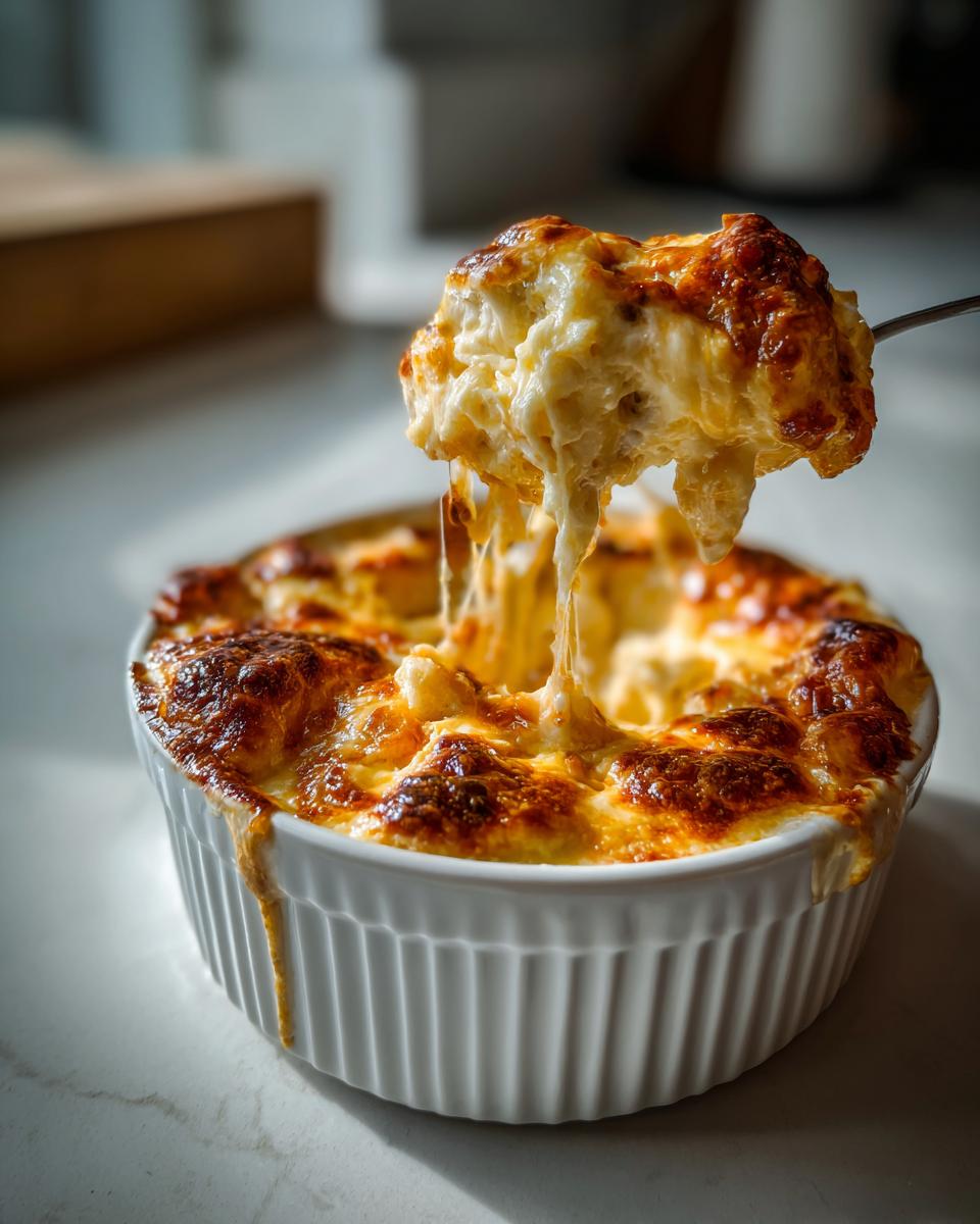 A spoonful of melted, stretchy beer cheese dip being lifted from a baked white ramekin.