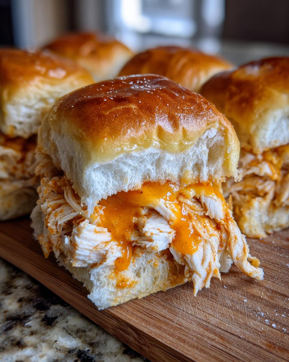 Close-up of one of the amazing buffalo chicken sliders, showing shredded chicken coated in orange sauce inside a glossy slider bun.