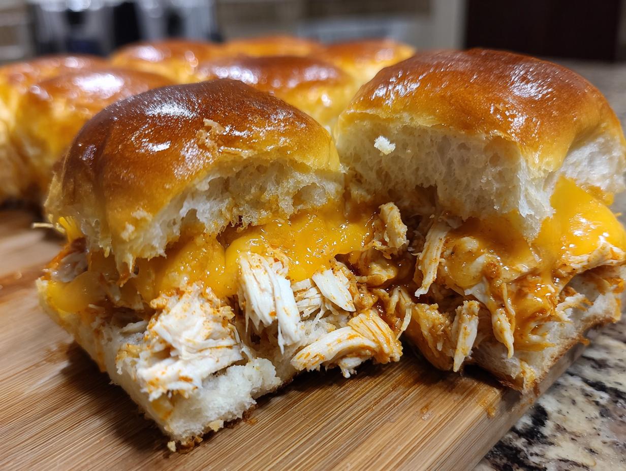 A close-up view of a halved buffalo chicken sliders sandwich showing shredded chicken, melted orange cheese, and a shiny top bun.