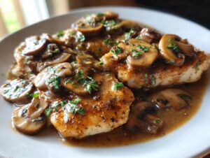 Close-up of pan-seared chicken breasts smothered in rich brown sauce and sliced mushrooms, classic chicken marsala.