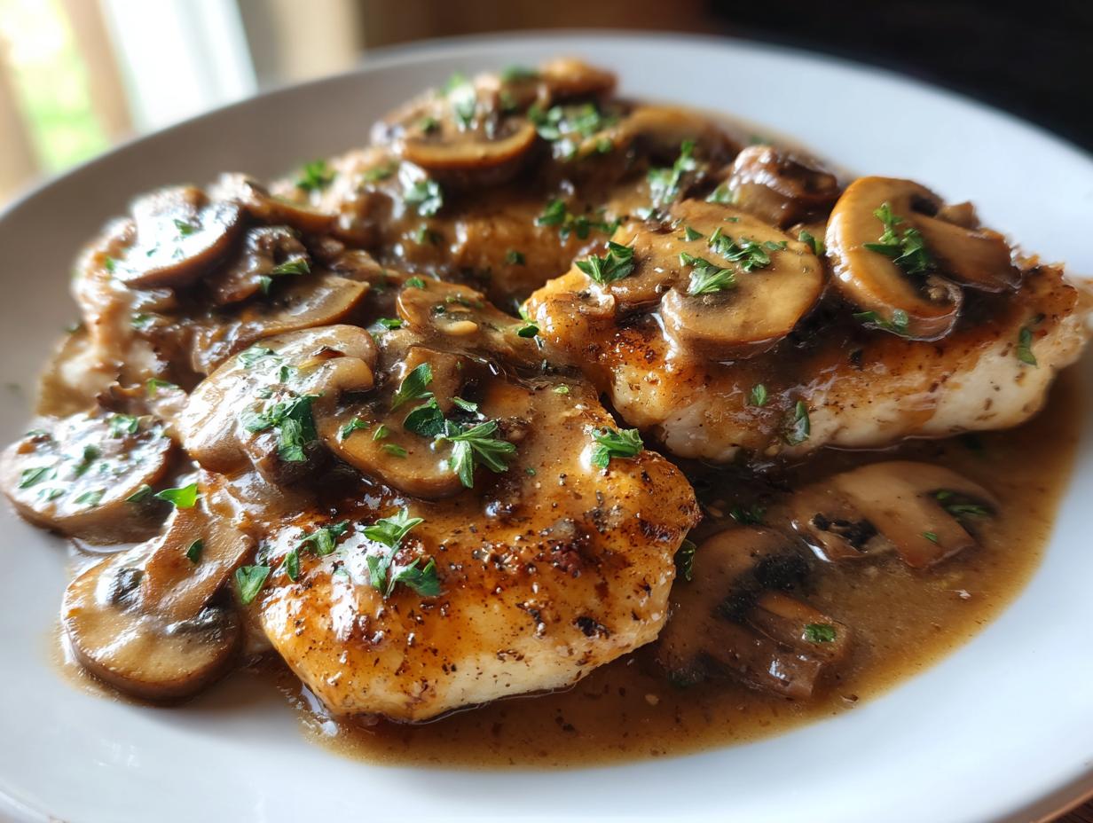 Close-up of pan-seared chicken breasts smothered in rich brown sauce and sliced mushrooms, classic chicken marsala.