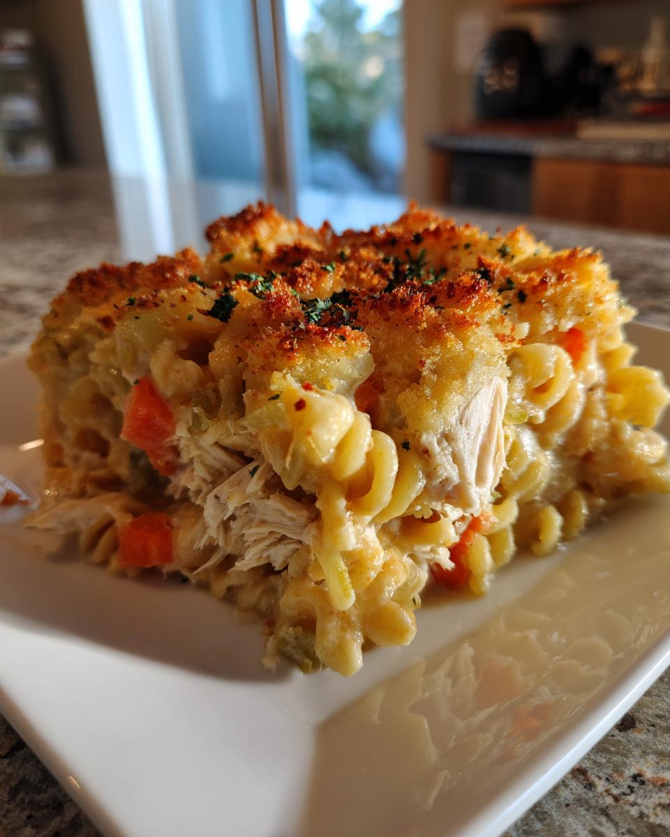 A close-up of a square serving of amazing chicken noodle casserole with shredded chicken, carrots, and a golden, crunchy breadcrumb topping.