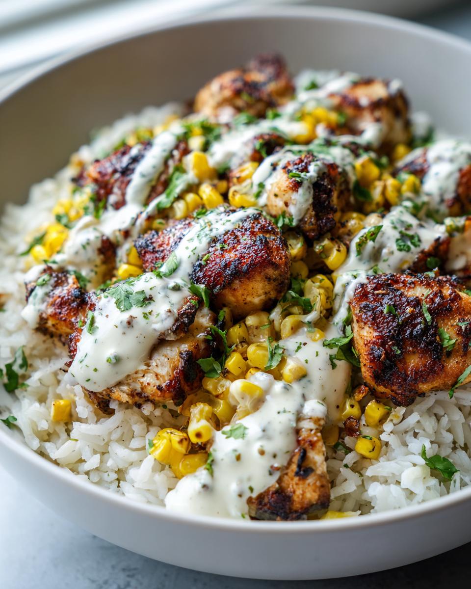 Close-up of a delicious chicken rice bowl featuring seasoned chicken pieces, yellow corn, and a creamy white sauce drizzle.