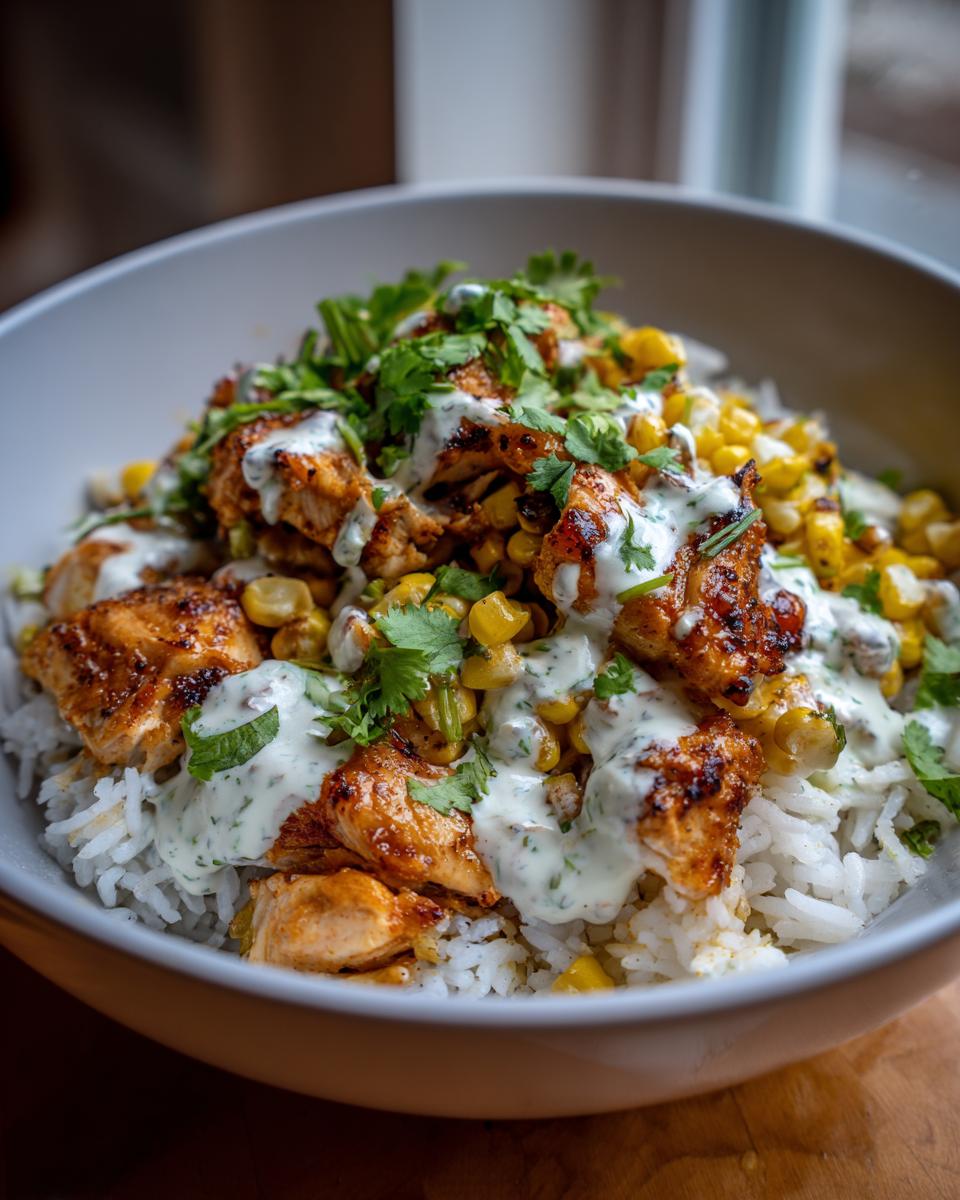 A close-up of a delicious chicken rice bowl topped with charred chicken, corn, cilantro, and creamy sauce.