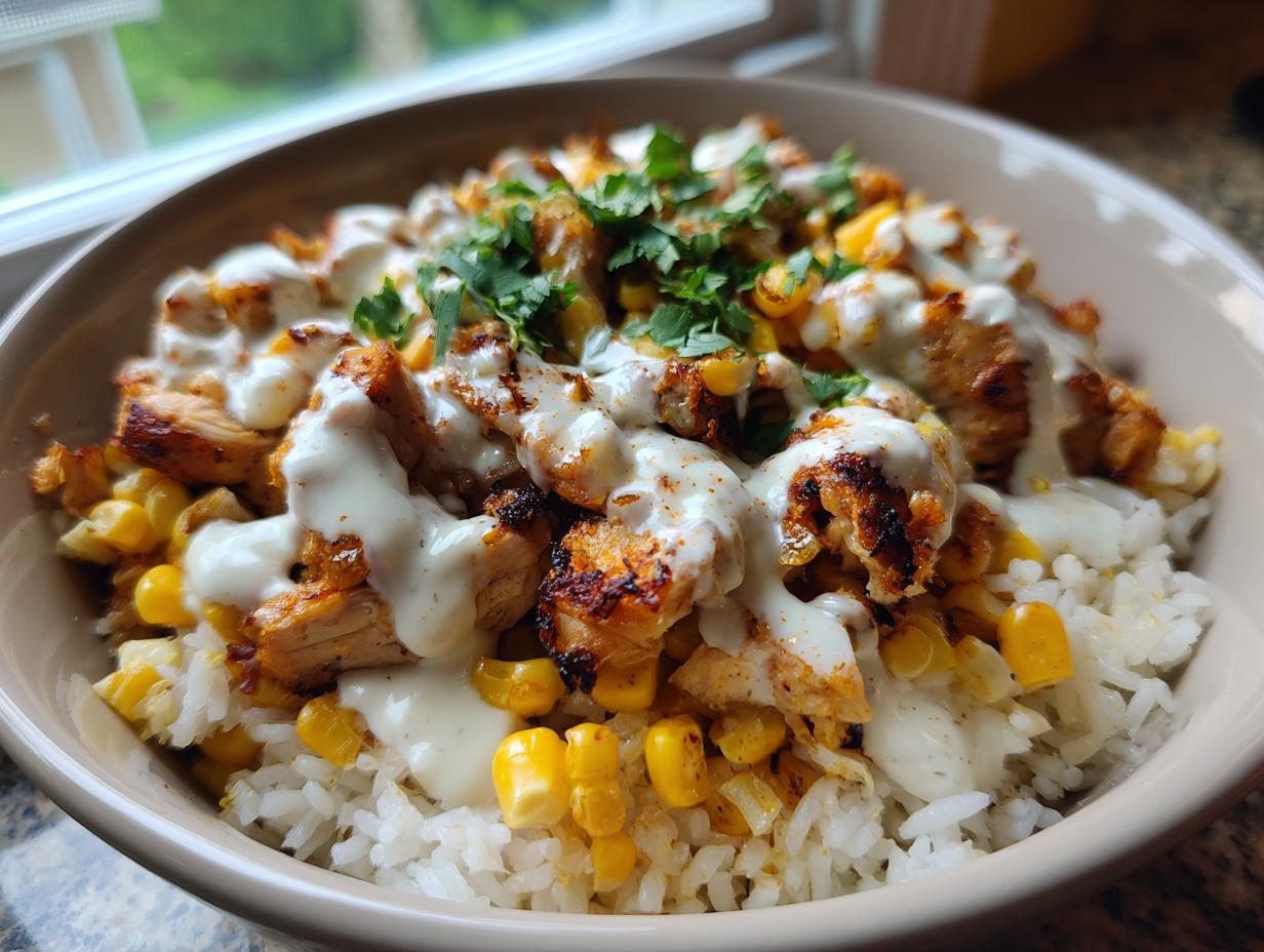 A close-up of a delicious chicken rice bowl featuring seasoned chicken pieces, white rice, corn, and a creamy white sauce, garnished with cilantro.