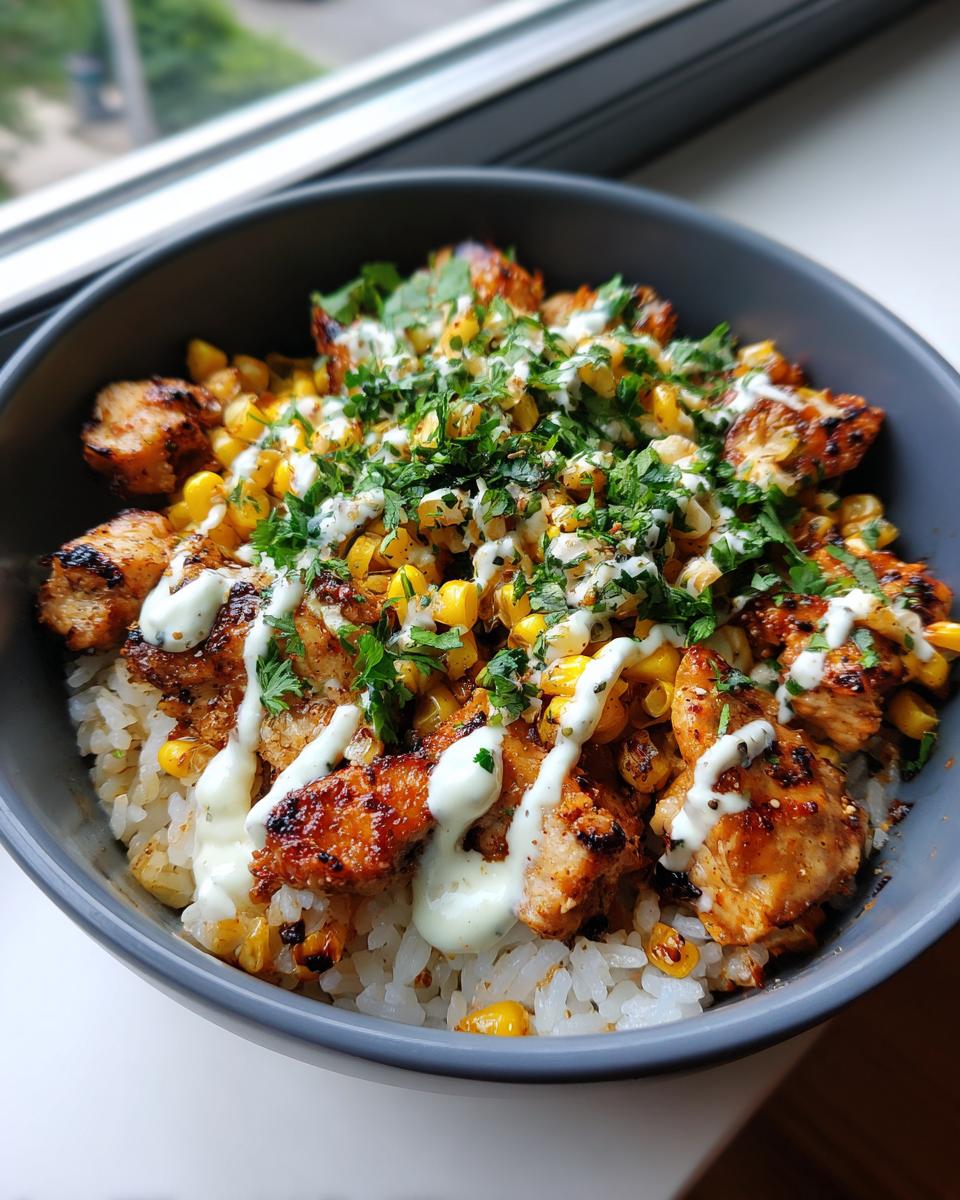 Close-up of a vibrant chicken rice bowl featuring seasoned chicken, corn, white rice, and a drizzle of white sauce, topped with fresh herbs.