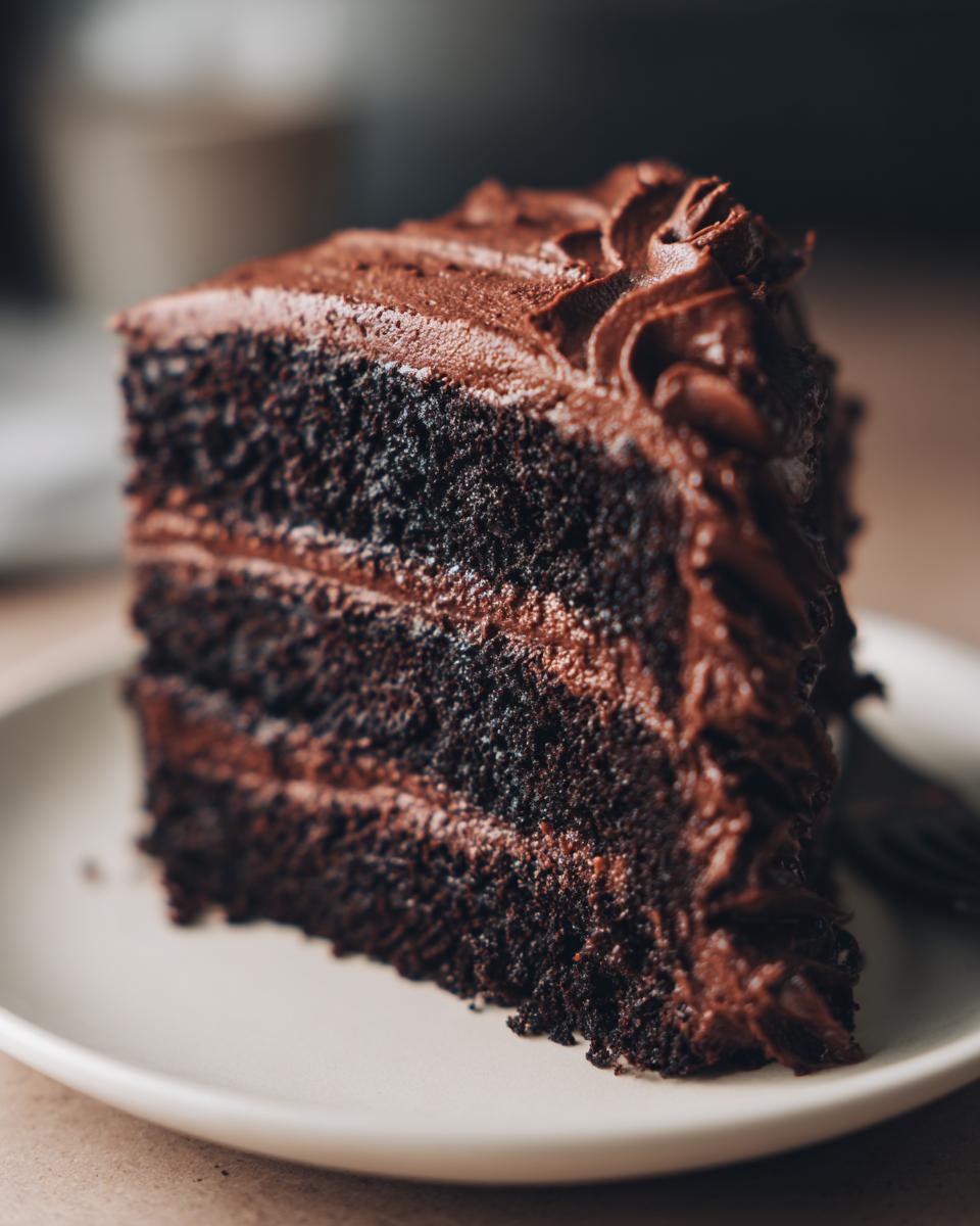 Close-up of a decadent, multi-layered slice of rich chocolate cake with thick chocolate frosting.