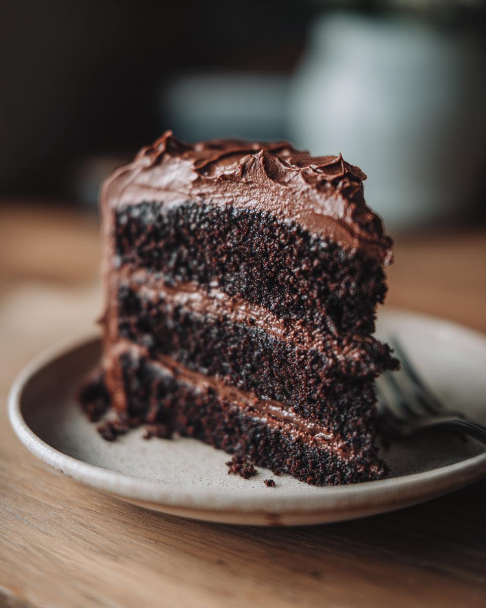 A decadent slice of three-layer chocolate cake with thick chocolate frosting, served on a plate.