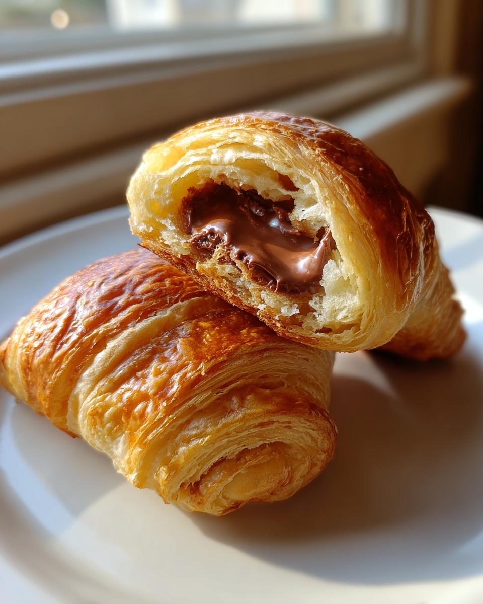Close-up of a flaky, golden brown chocolate croissant cut in half, revealing melted chocolate filling.