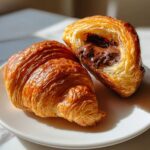 A golden, flaky chocolate croissant sits next to a half-cut chocolate croissant revealing a rich, melted chocolate filling.